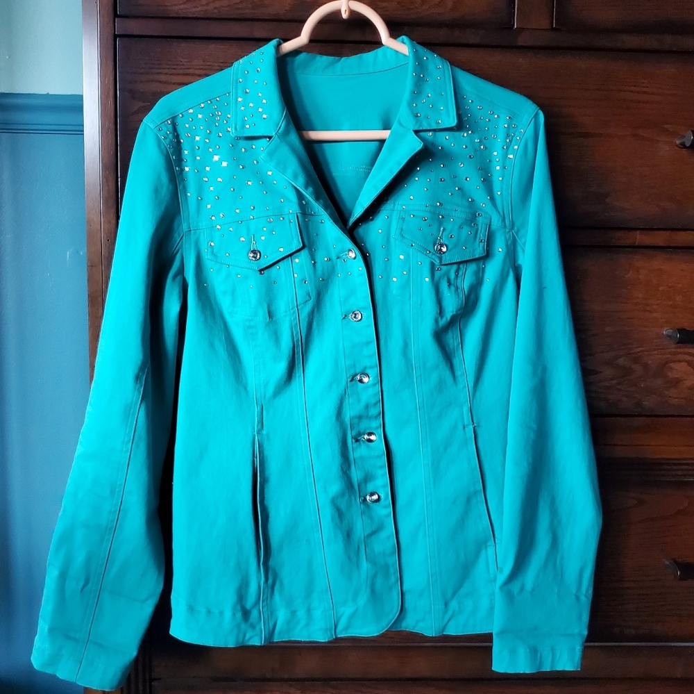 Boutique Stretch Denim Rhinestone Jacket Teal